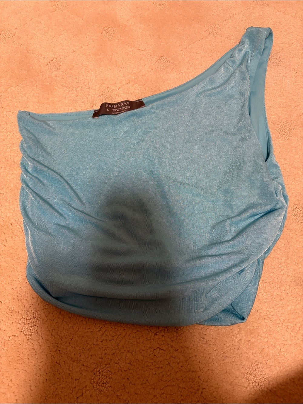 Primark Shimmery Sky Blue One-Shoulder Ruched Crop Top Large New w/o Tags